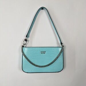 Guess Y2K Light Blue Croc Embossed Shoulder Bag Chain Mini Baguette Purse